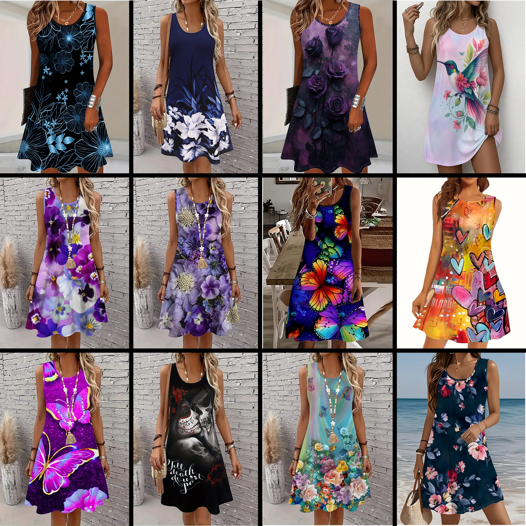 Ärmellose farbige Blumenkleider für Damen, Damenbekleidung, fließendes Strandurlaub-Outfit, Y2k-Damenkleidung, lässiges Sommer-Sommerkleid