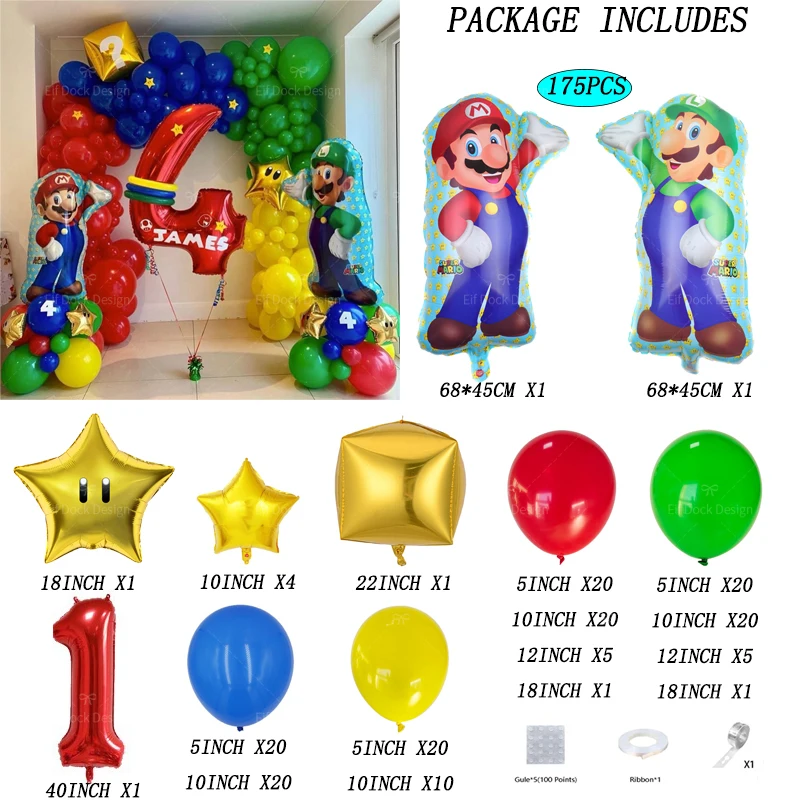 175pcs Super Mario Balloon Set 40inch Number Foil Ball Boy Girl Birthday Party Balloon Children Baby Shower Decorations Supplies