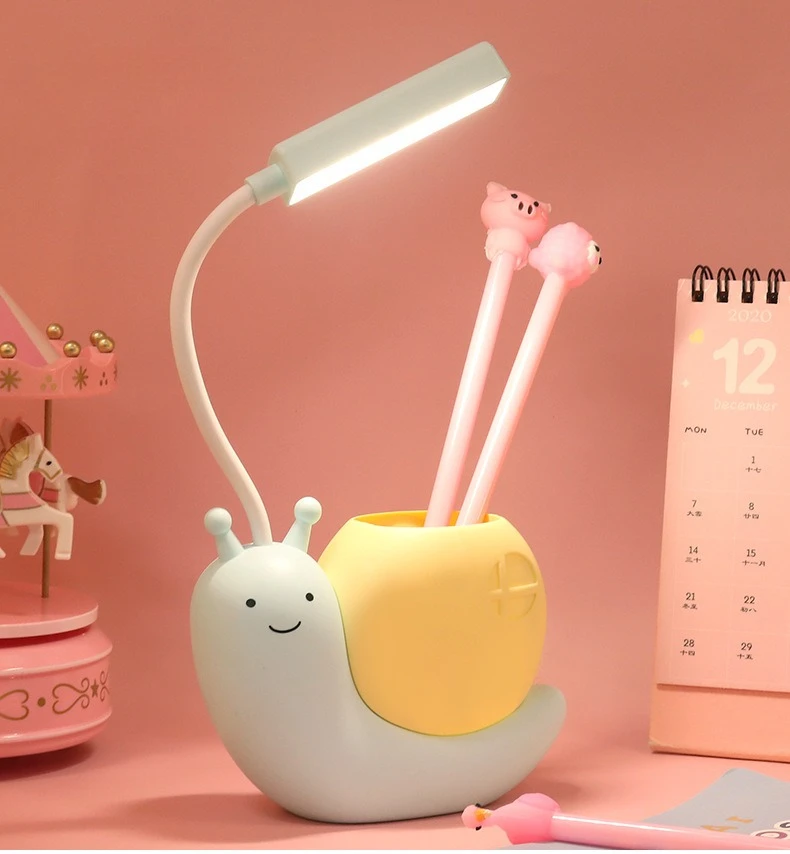 Multi-Functional LED Desk Lamp Student Learning with Pen Holder Night Light Snail Shape USB Rechargeable Bendable Cute Kids Lamp