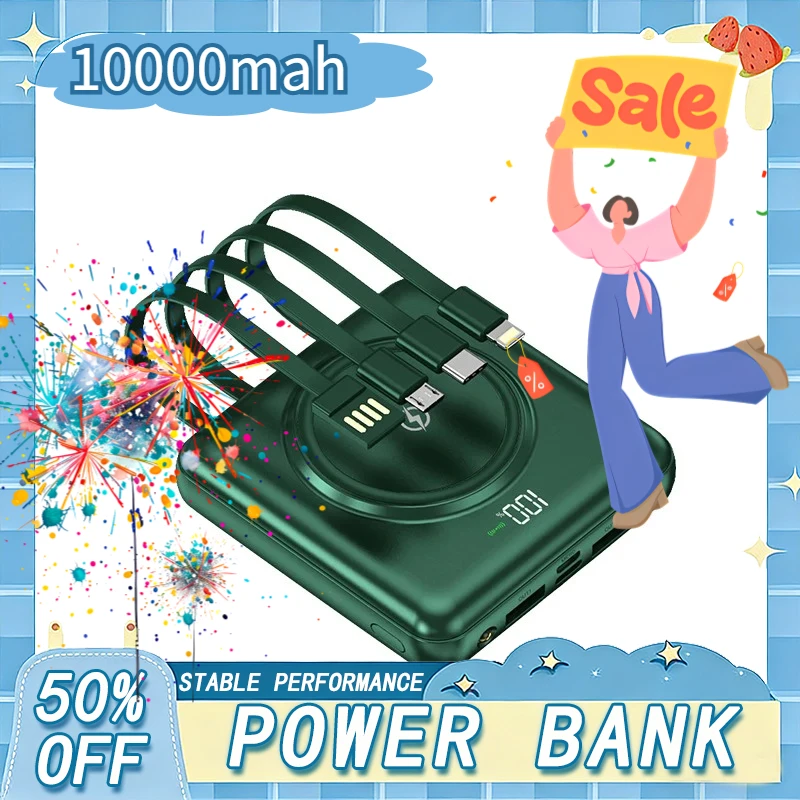 

10000mAh mini Wireless Power Bank Built in Cable Portable Charger Powerbank for IPhone 16 15 Samsung S24 S23 Huawei Xiaomi