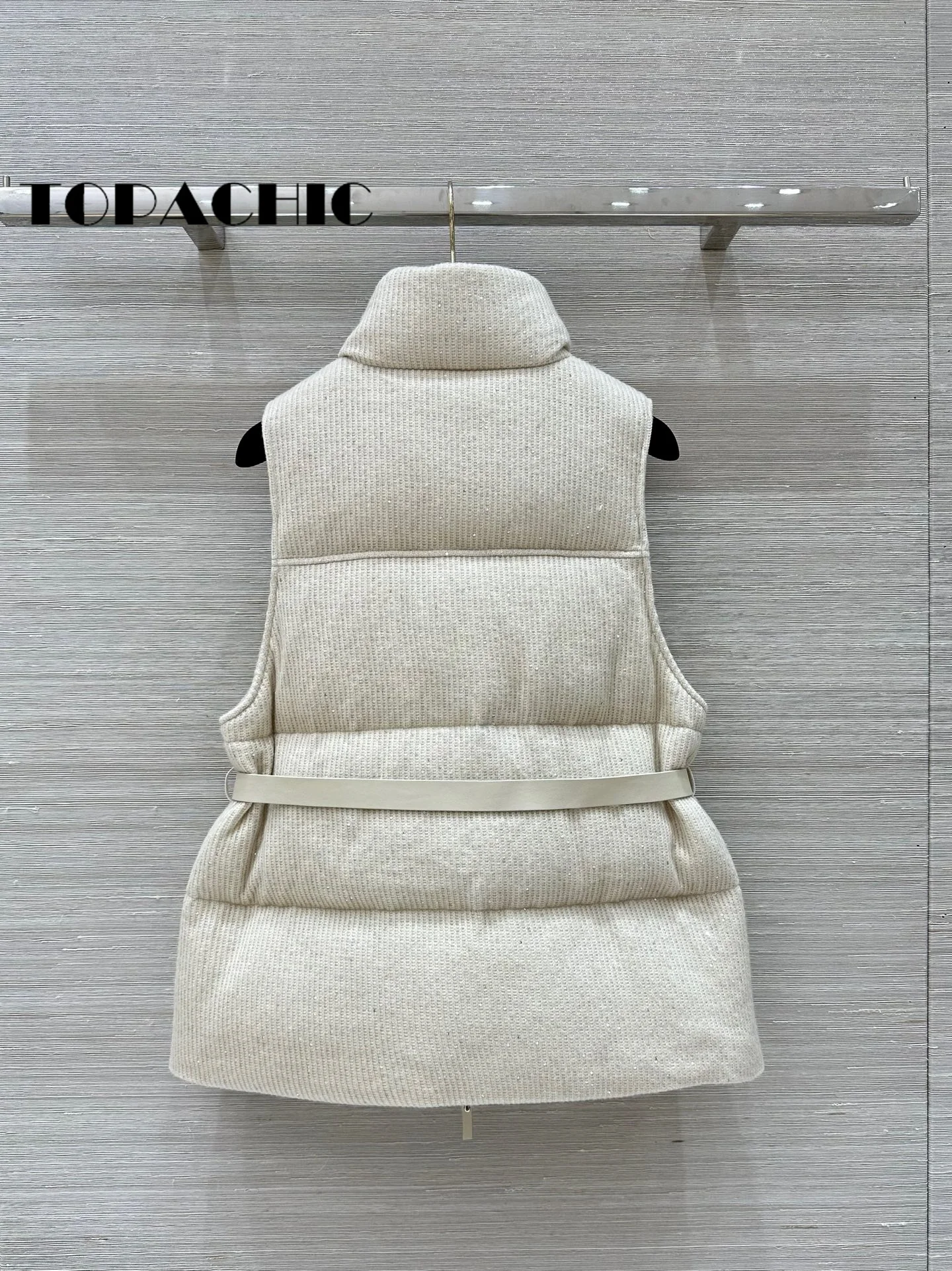 9.9 TOPACHIC-Women Wool Goose Down Vest With Real Leather Sashes  Sequins Cashmere Knit Keep Warm Down Zipper Vest Coat