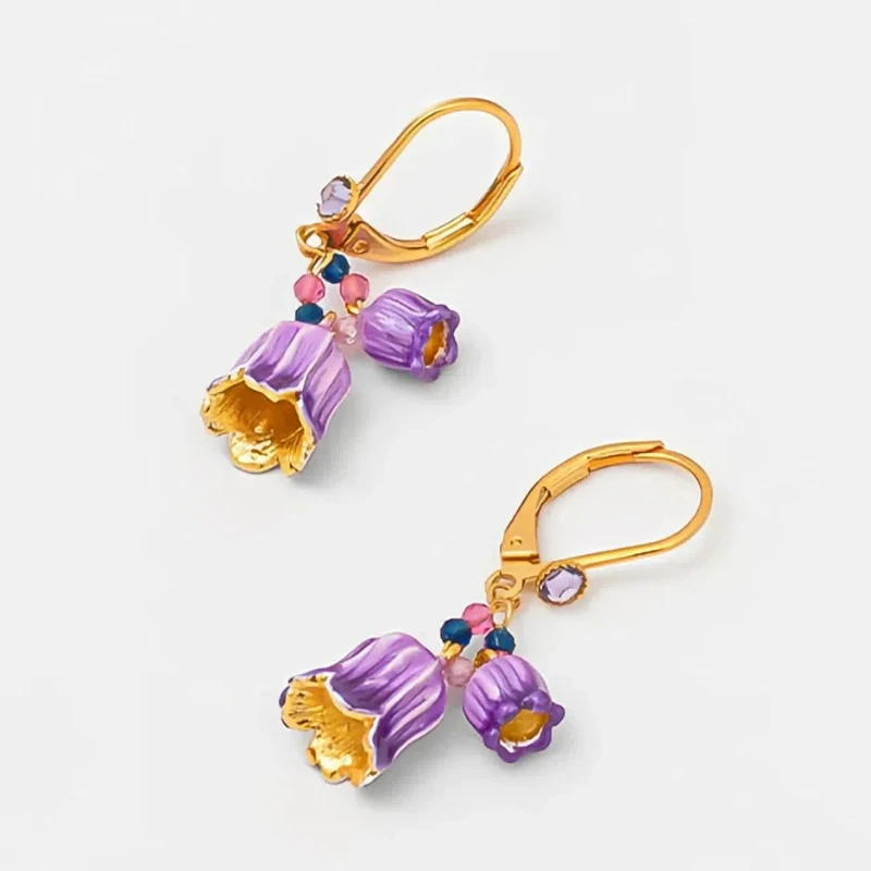 

Fashion New Chinese Gentle Purple Lily Flower Enamel Cute Small Bud Pendant Collar Chain Mini Natural Stone Beads Earrings Sets