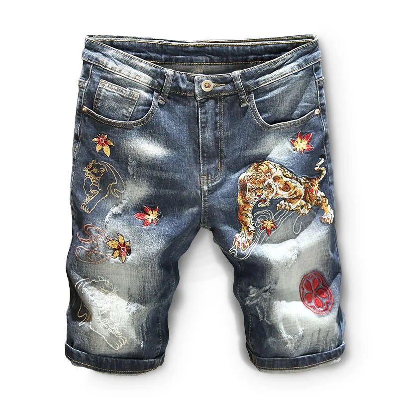 

2025 Summer New Fashion Sports Loose Embroidered Straight Leg Jeans Men's Casual Comfort Stretch High Quality Denim Shorts 28-36