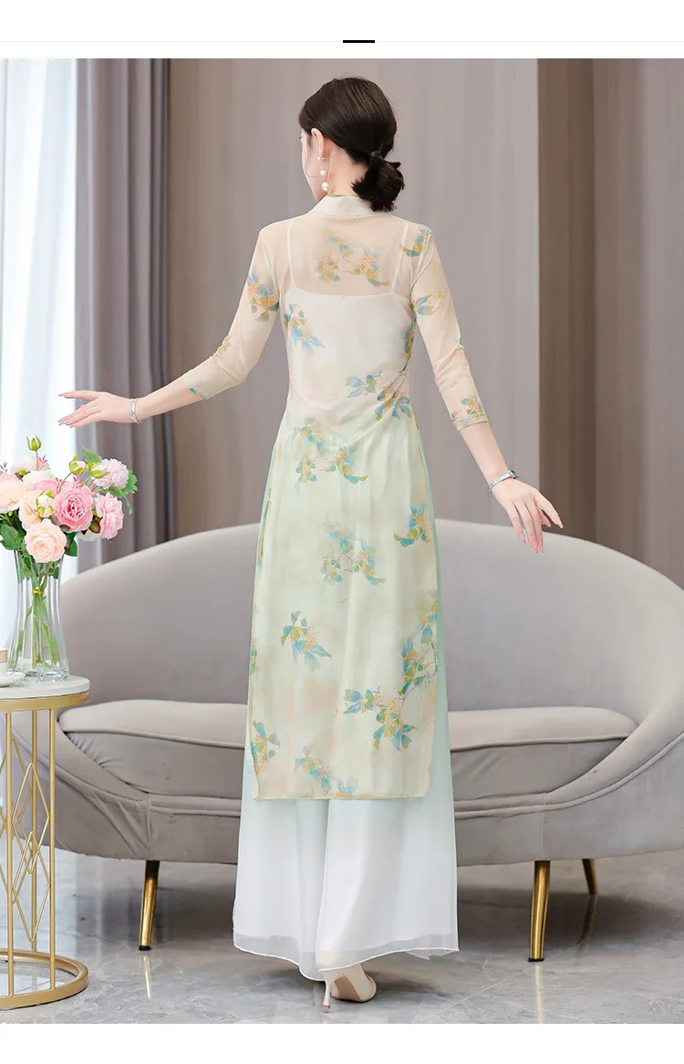 Chinese Cheongsam Women Sumer Dress Thin Vietnam Ao dai Include Pants New