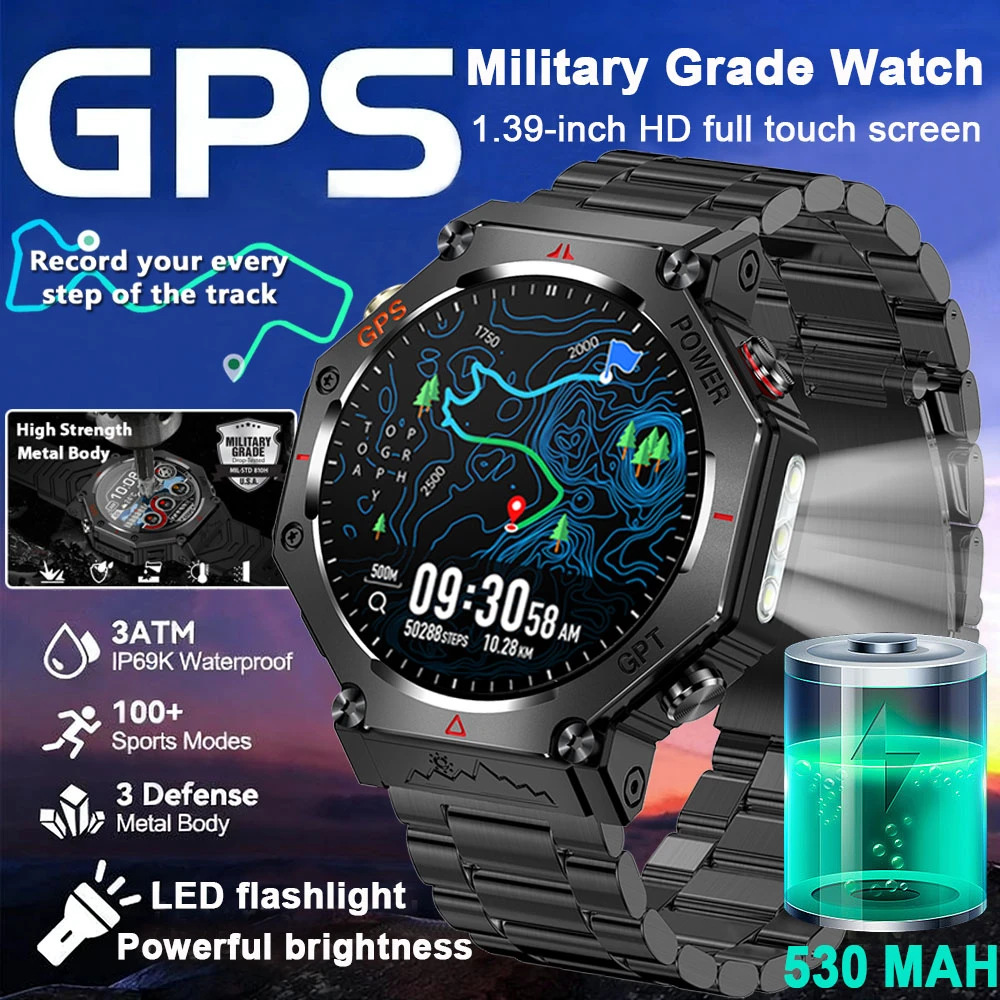 

Military Smart Watch T-Rex 3 Bulit-in GPS Compass Altimeter Barometric 3ATM IP69K Waterproof AMOLED LED flashlight Smart watch