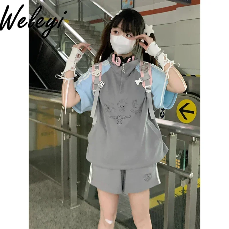 Japanese Style Cute Sportswear Suit Student Summer 2024 New Sweet Girl Short Sleeve Lapel Colorblock Top Shorts 2 Pieces Set