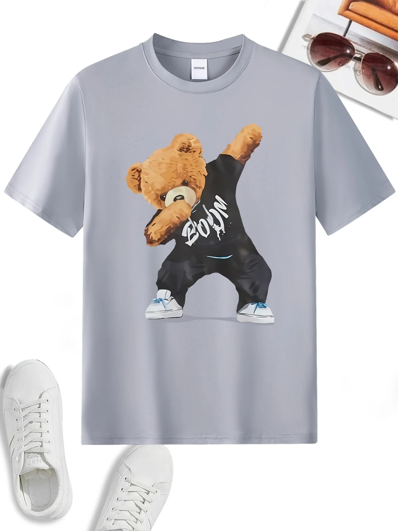 Men's Summer 100% Cotton Fashionable Casual Loose Large Size Letter Bear Printed Sports Round Neck Short Sleeve T-shirt Top