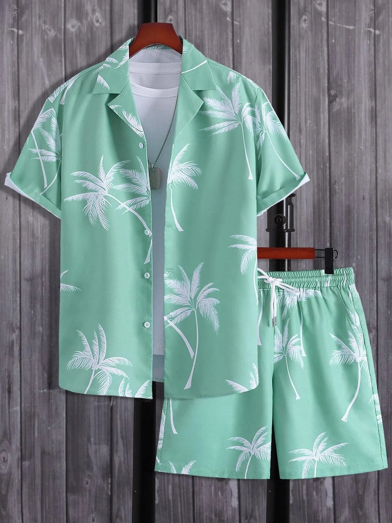 Shirt Set Hot Style Harajuku Men's Random Palm Tree Printed Shirt and Drawstring Waist Shorts