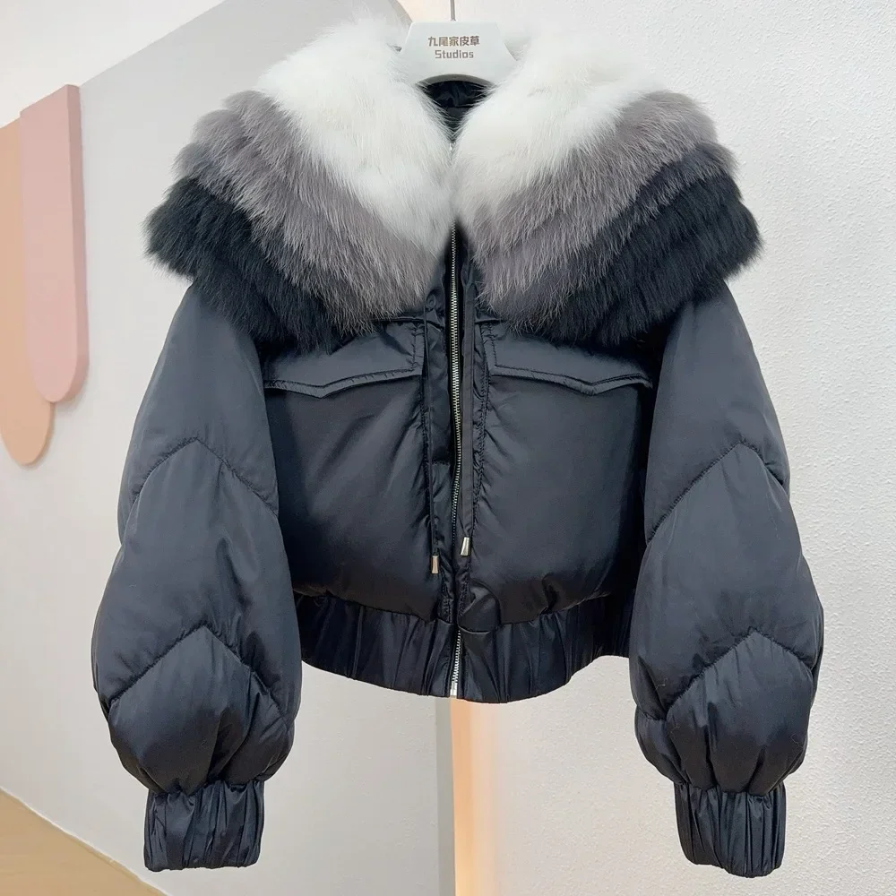 White Goose Down Coat Real Fox Fur Collar Coat Thick Parka Loose Natural Luxury Fur Jacket Fashion 2024 New Winter Women