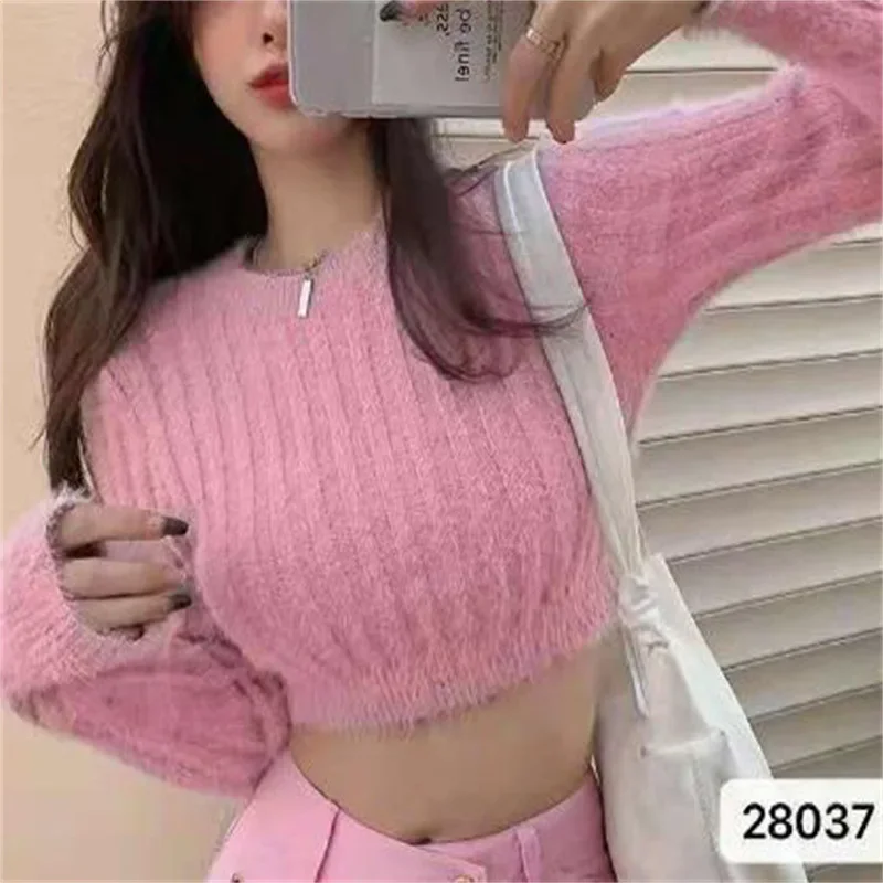

2025 New Elegant and Fashionable Knitted Sweater Autumn Women's Collar Long-sleeved Short Pullover Spring and Autumn