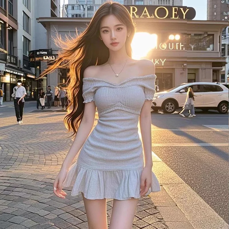 女性オフショルダーソリッドカラーパッチワーク夏デイリーエレガントシースショートドレス