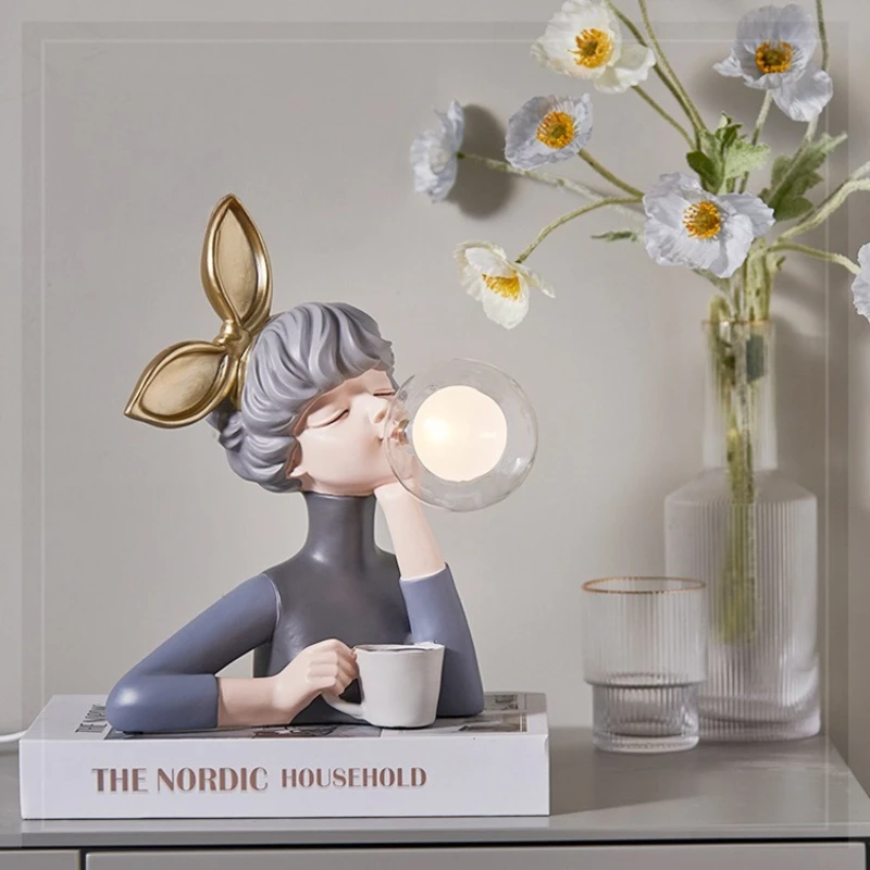 Cartoon Bubble Girl Nachtlicht Statue Skulptur Nordische Nachttischfiguren Heimdeko Atmosphärenlampe Kreatives Geschenk für Zimmer – Detail 6