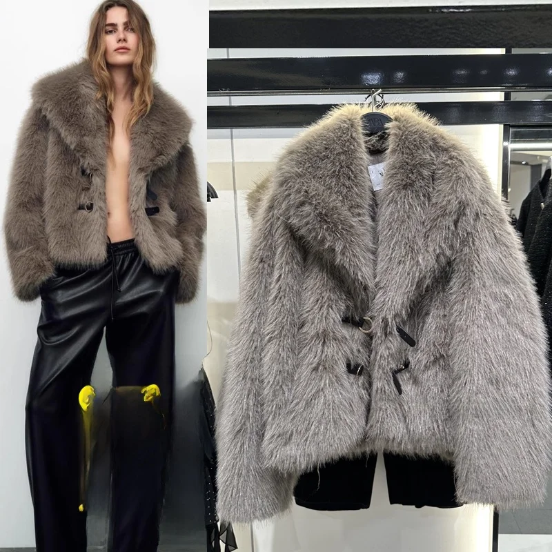 

Autumn Winter Women's Short Coat Long Sleeve Artificial Fur Effect Jacket Loose Fit Chinese Style Fashionable Outerwear