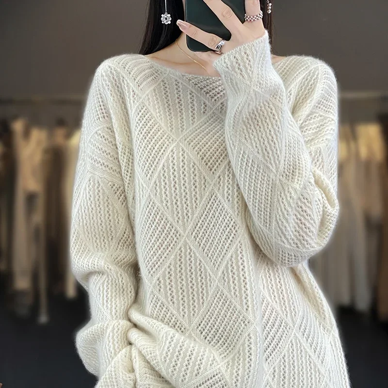 

Pullover Women's O-Neck 100 Pure Wool Sweater Fashion Hollow out Cashmere Knitted Full Sleeve Thin Sweater Spring and Autumn New