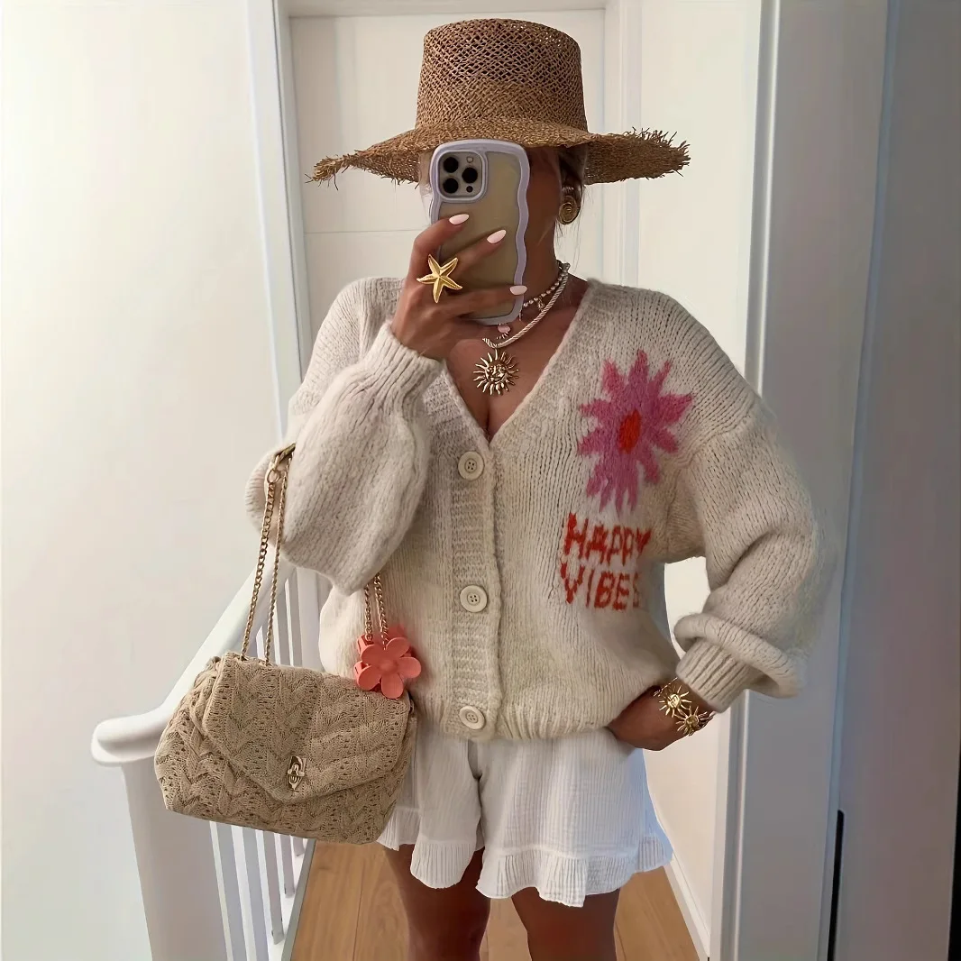 Cardigan con coprispalle casual elegante floreale albicocca 006