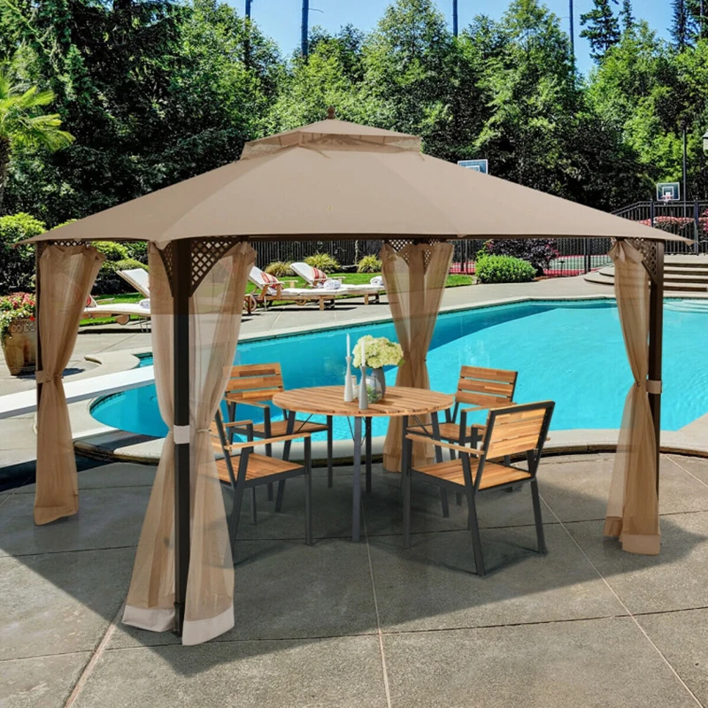 Sun-proof Waterproof 12 X 10 Feet Outdoor Double Top Patio Gazebo with Netting Sturdy Stable Shade Gazebos with Large Shade Area