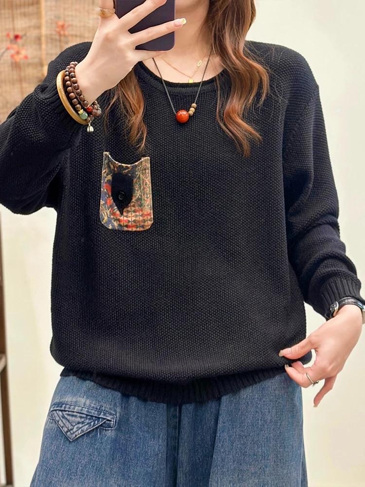 Amax LuluE الشتاء الكورية تصميم لاعبا المرأة فضفاضة موضة مطبوعة البلوزات الإناث الترفيه حجم كبير س الرقبة بلوفر مغزول