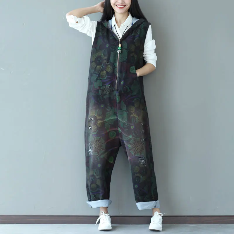 2024 Autumn New Hooded Denim Overalls for Women Vintage Printed Loose Casual Jumpsuits Ladies Plus Size Jeans Suspenders