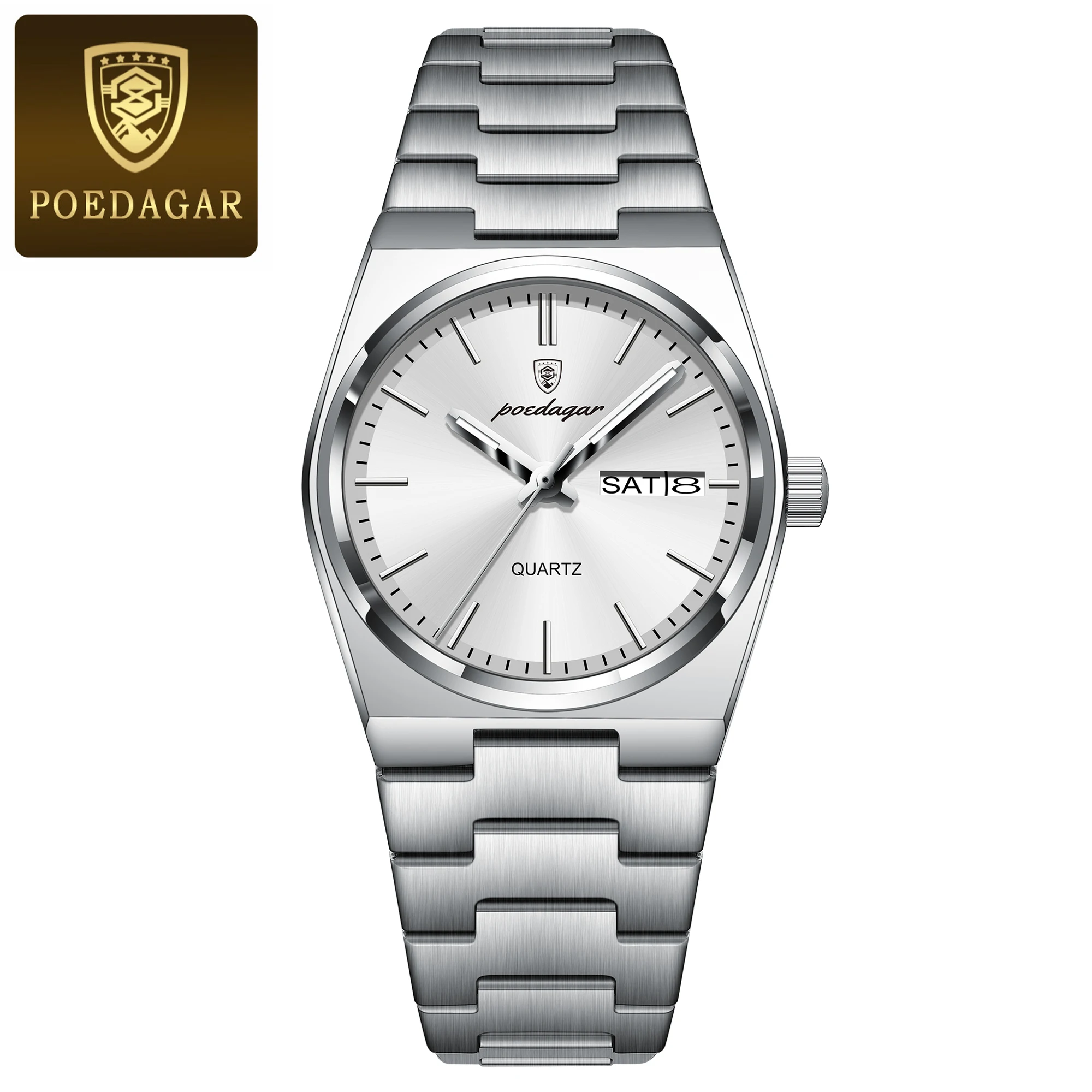 POEDAGAR Elegante Uhren Für Frauen Wasserdicht Leucht Datum Woche Damen Uhr Quarz Edelstahl Frau Mode Armbanduhr
