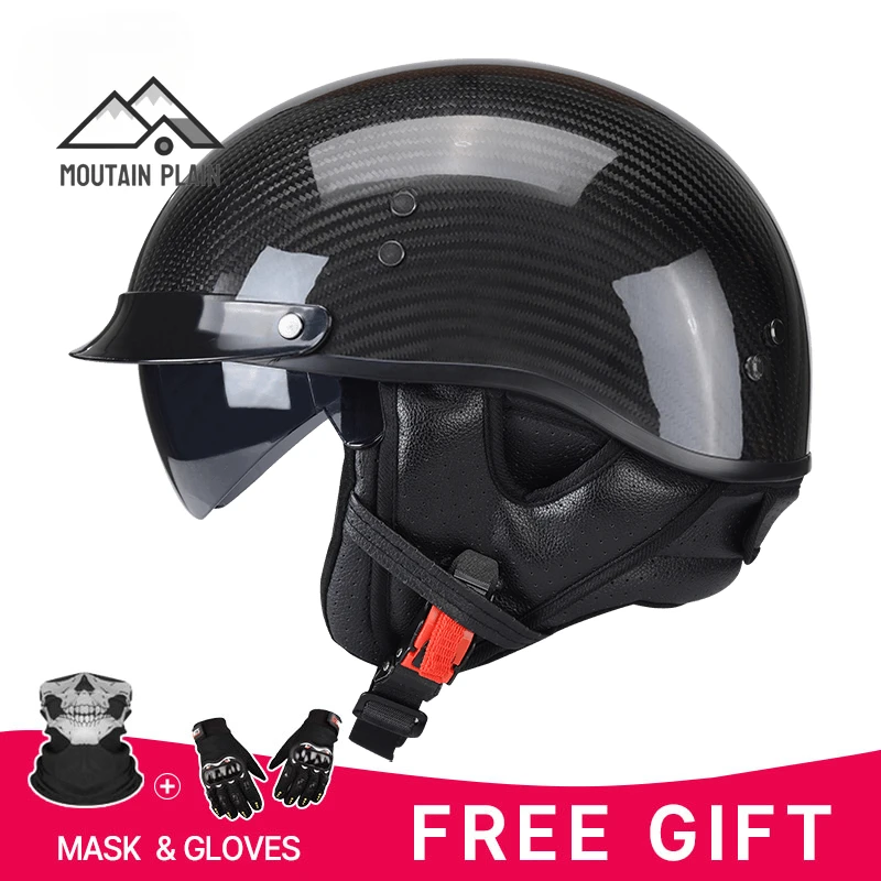 

Carbon Fiber Motorcycle Helmet with Built-in Lens German Jet Style Open Helmets with Removed Bib Neck Four Seasons Scooter DOT