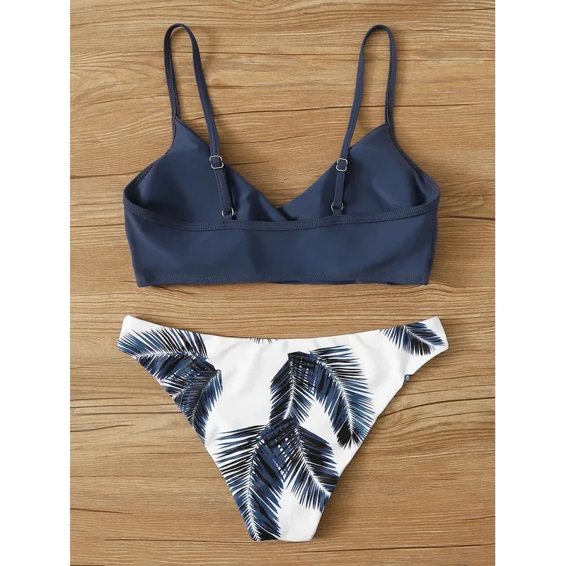 

Women's Wrap V Neck Bikini Set - Solid Top & Tropical Palm Print Bottom, Spaghetti Straps High Cut Two Piece Swimsuit for Beach