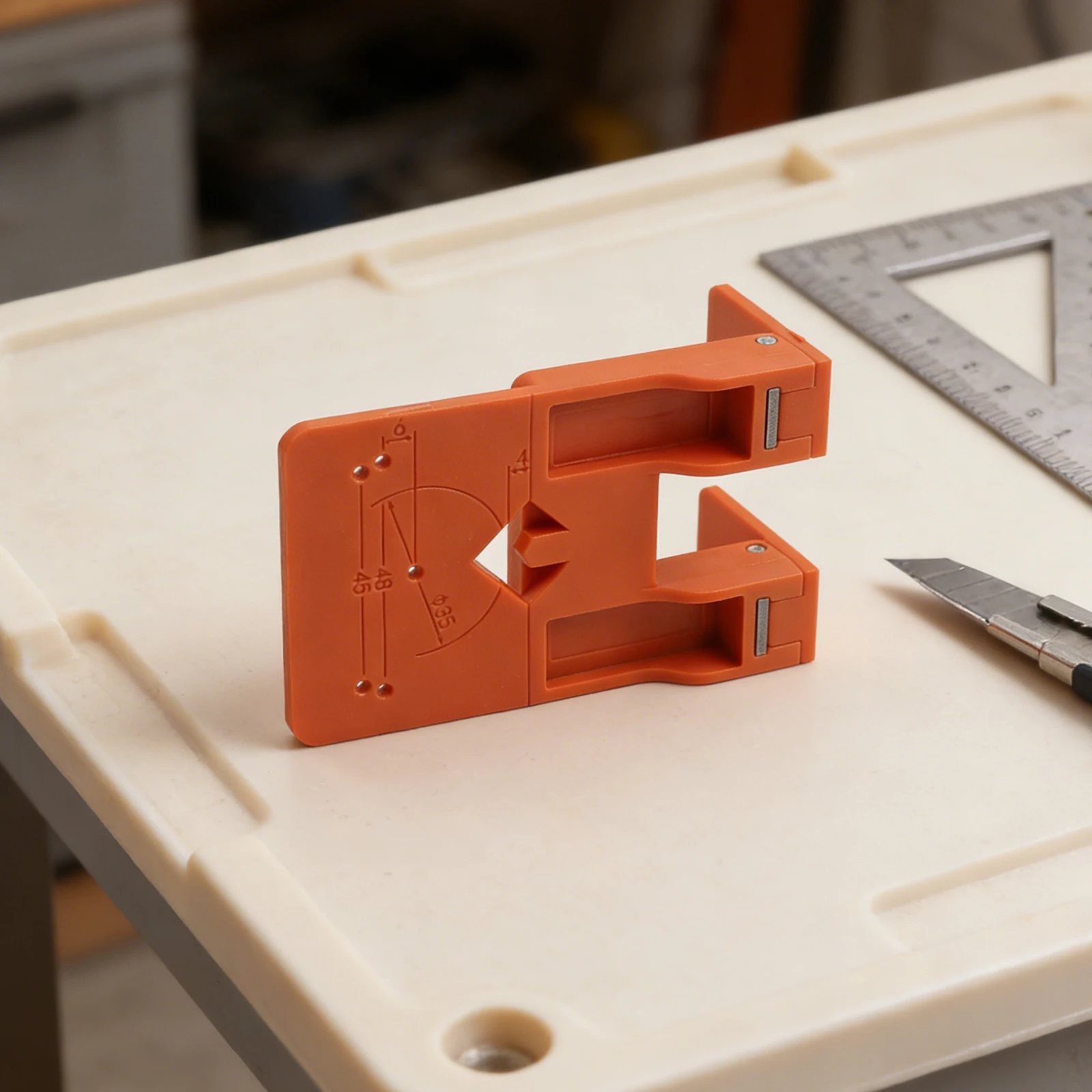 European Hinge Compatibility Jig with Pre-Engineered Grooves and Scale Indicators to Cabinet Door Mounting Processes