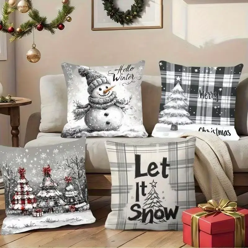 VIKAMA Christmas Pillow Cover, Black-and-White Buffalo Check Snowman Winter Scenery Holiday Slogan Pillow Cover, Home Decor