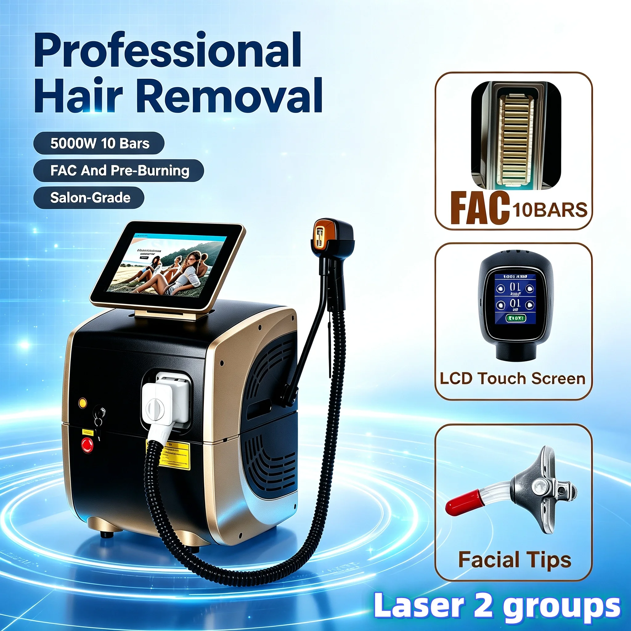 10 Bars Diode Laser Hair Removal Machine Ice Platinum Cooling System Skin Care Depilator 5000W 4 Wave 755 808 940 1064nm