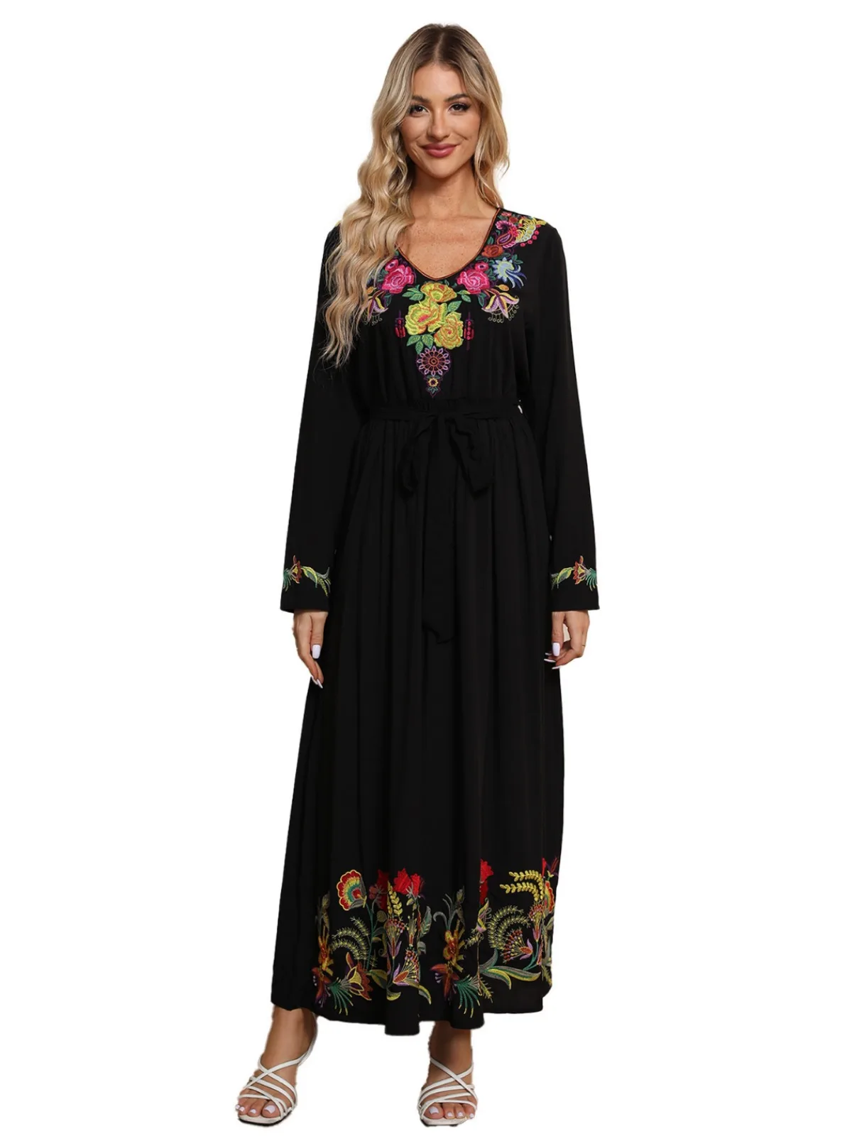 Khalee Yose Floral Embroidery Maxi Dress Spring Autumn Boho Cotton Black Harajuku Vintage Women Ladies Female 23XXL Dresses New