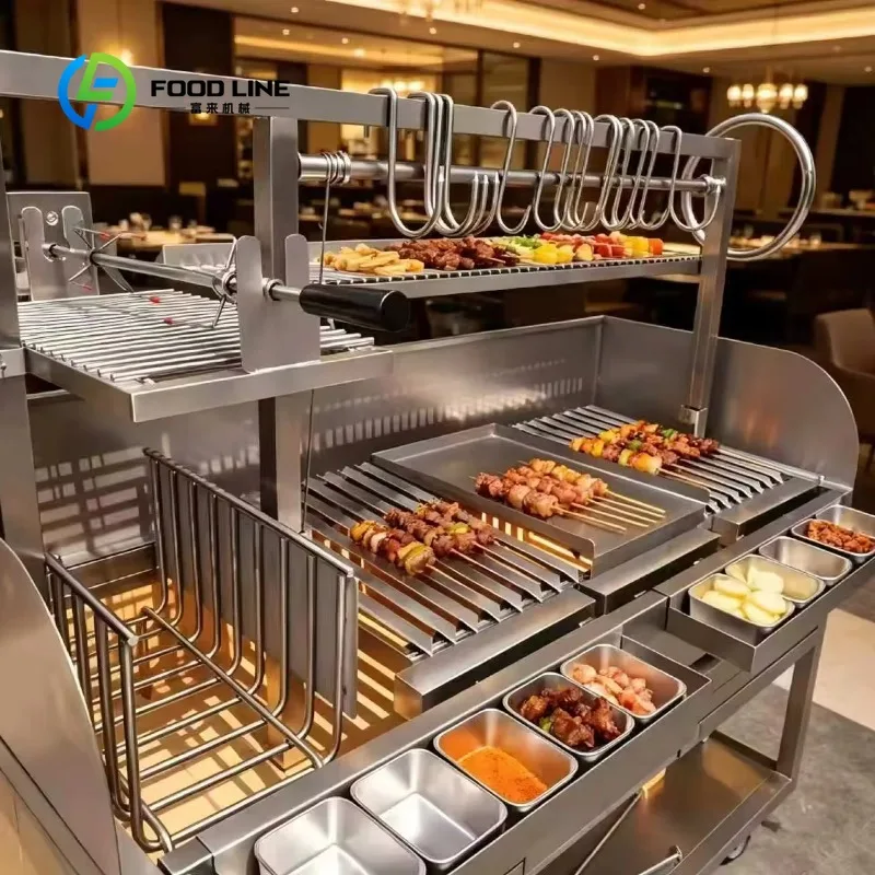 customized santa maria wood charcoal grill asado parrilla trolley multi zone grate for hotel buffet commercial food service