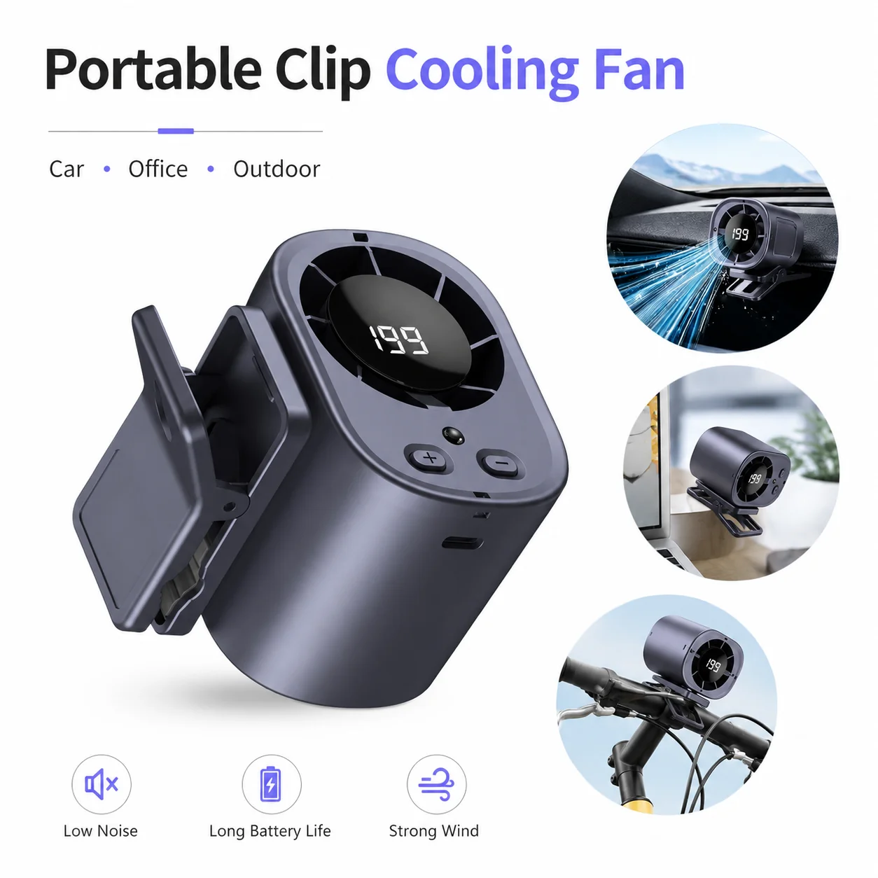 Portable Car Clip Fan USB Mini Cooling Fan with Digital Display Large Capacity Battery 360 Rotating for Car Office Outdoor