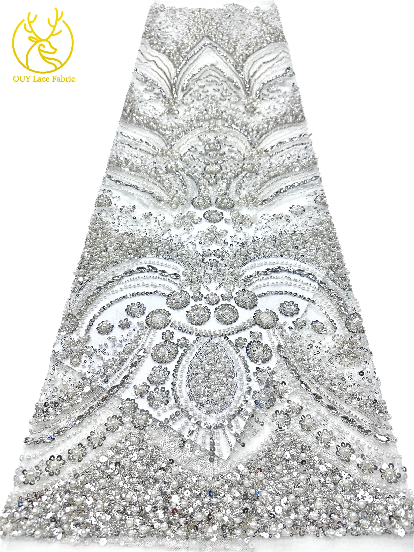 Luxuriöser königlicher lila afrikanischer handgefertigter Perlen-Spitzenstoff, französischer Pailletten-Stein-Tüll-Spitzenstoff für Hochzeitskleid-Design – Detail 16