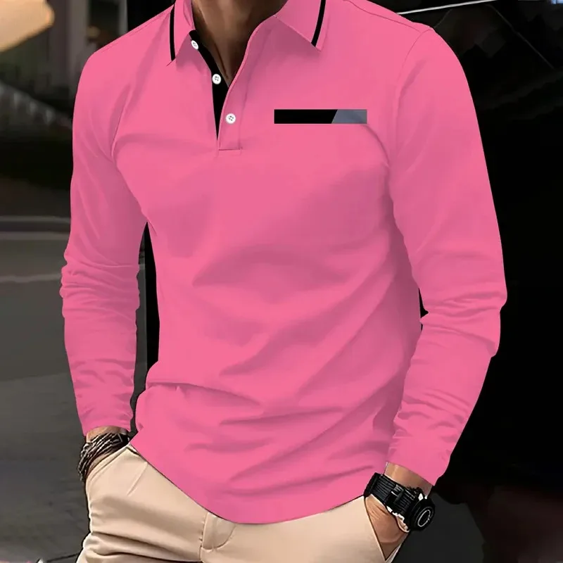 

2025 Summer Men's long-sleeved lapel casual polo shirt Breathable and comfortable shirt Solid polo shirt High-quality men's T-sh