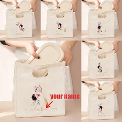Rose A-Z Initials Customized Canvas Bag Organizer Lunch Box Travel Picnic Insulation Handbag Personalized Name Storage Bags Gift