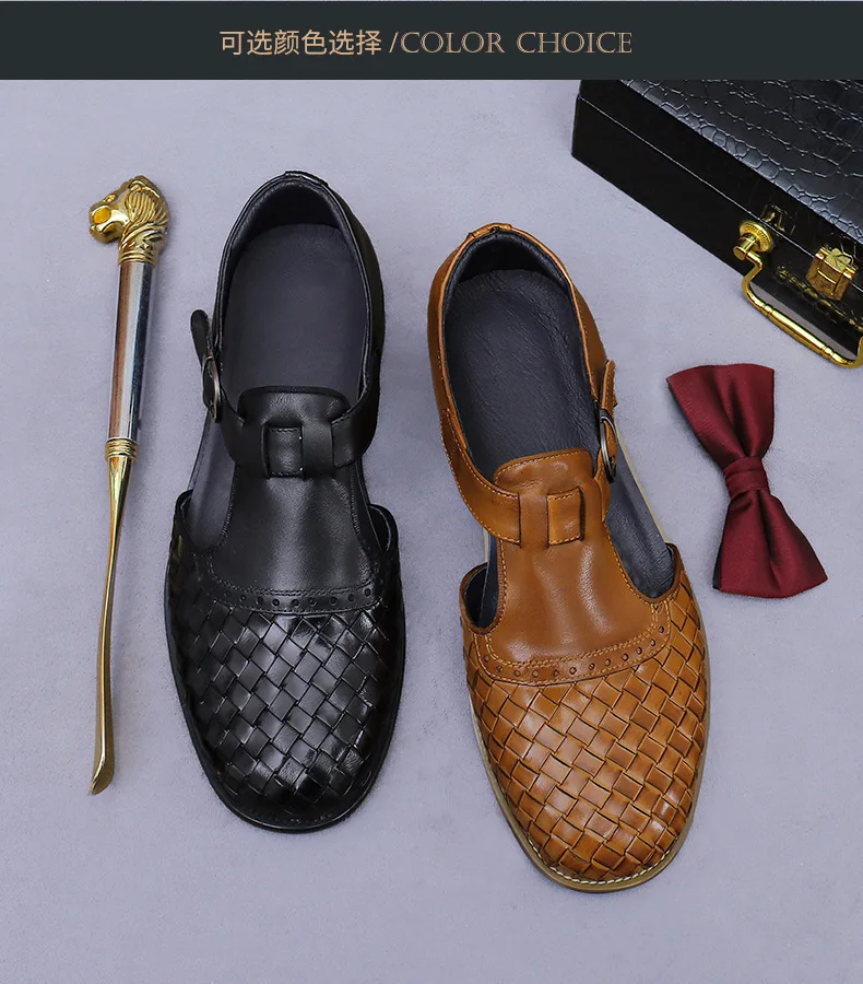 

Woven Cowhideleather Shoe Breathable Sandals Toe Buckle Leather Shoes Men's Full Toe Cover Retro Genuine Working Cool Slippers