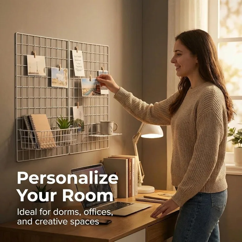 Wire Wall Grid Panel, Multifunction Painted Photo Hanging Display and Wall Storage Organizer