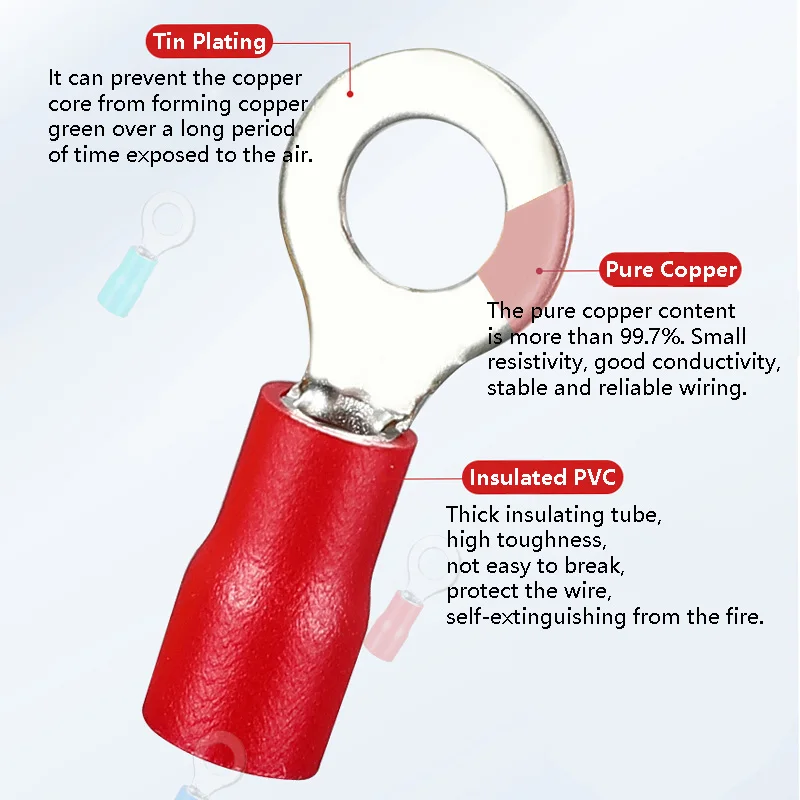 50PCS Pure Copper Crimp Terminals Insulated Ring Terminals Ferrules Electrical Wire Connectors RV1.25/2/3.5/5.5-3/4/5/6/8/10/12