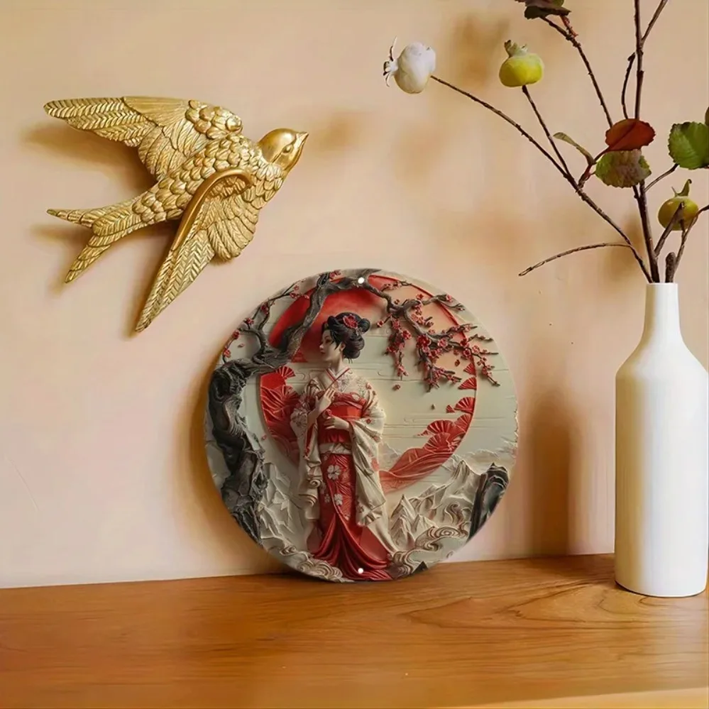 Amawe Aluminum Wall Art Japanese Sunset Elegant Woman Sign UV Resistant Indoor Outdoor Decor