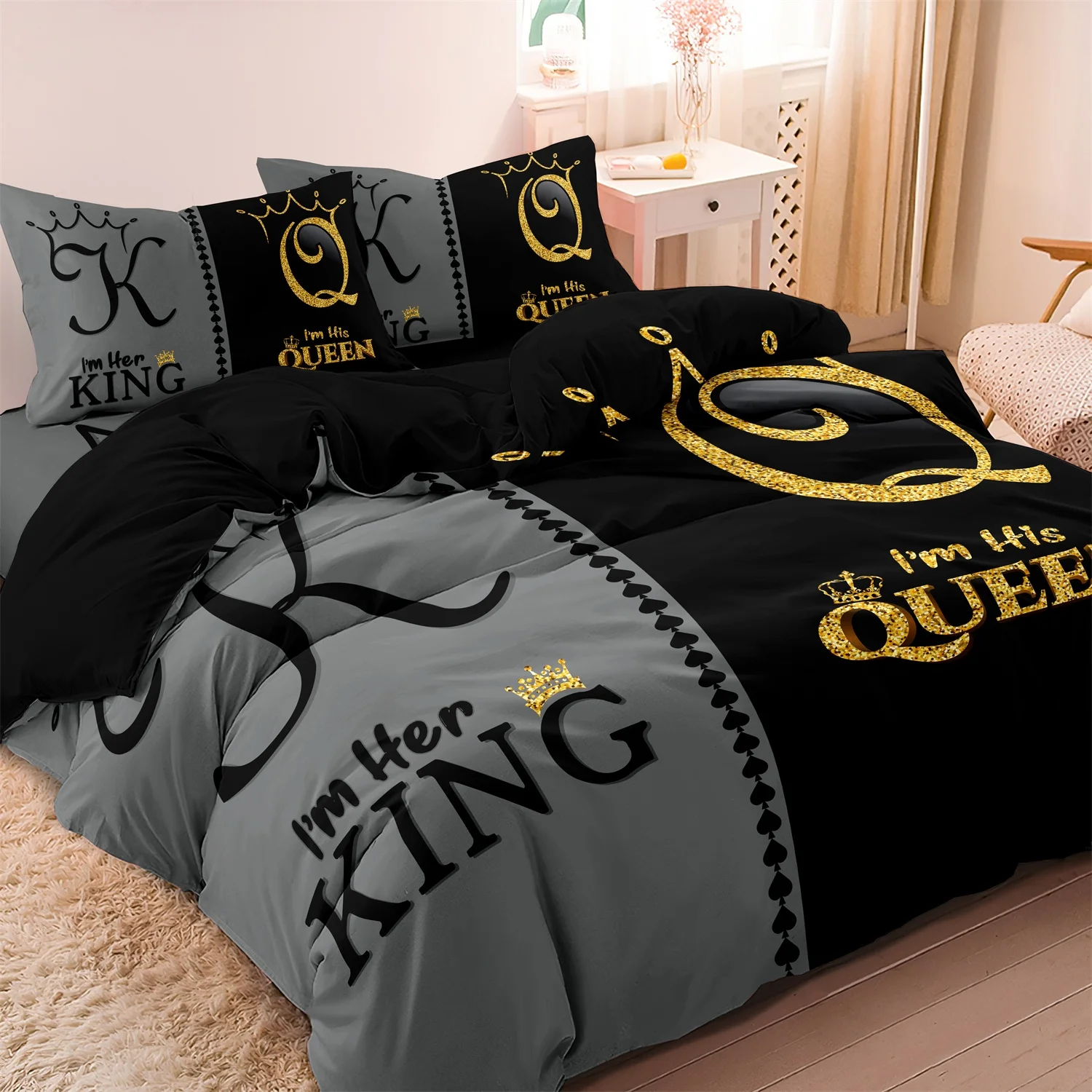 3pcs Royal Crown King & Queen Themed Bedding Duvet Cover Set Breathable Machine Washable High-Definition Digital Print Bedroom