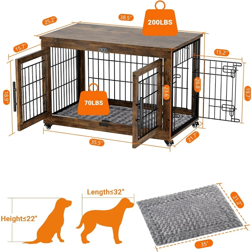 Dog Crate Furniture with Cushion, Large Wooden Dog Kennel Indoor with Double Doors, Dogs Cage with Wheels, Dogs House Side End