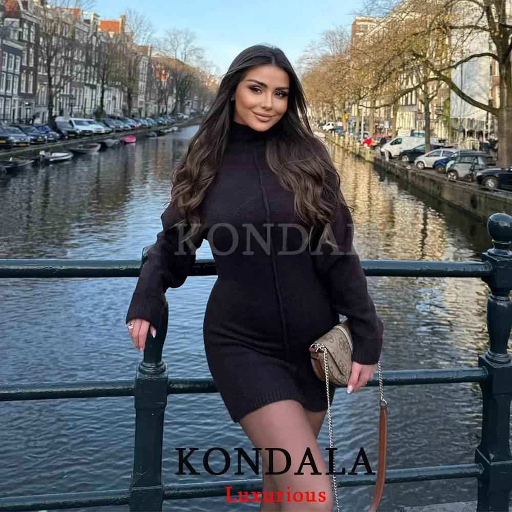 KONDALA Casual Chic Braun Strick Minikleid Frauen Langarm Rollkragen Mantel Urlaub Kleid Mode 2026 Frühling Elegantes Kleid