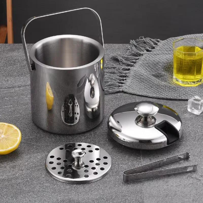 1.3L Stainless Steel Ice Bucket with Tongs Holder Lid Double Wall Insulated Ice Cube Container for Home Bar Parties Beer Cool