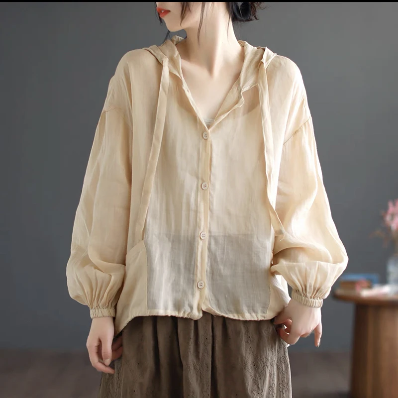 Outlet Cotton Linen Shirt Women Summer Thin Long Sleeve Hooded Sun Protection Air Conditioning Shirt Trendy Loose Fit Style