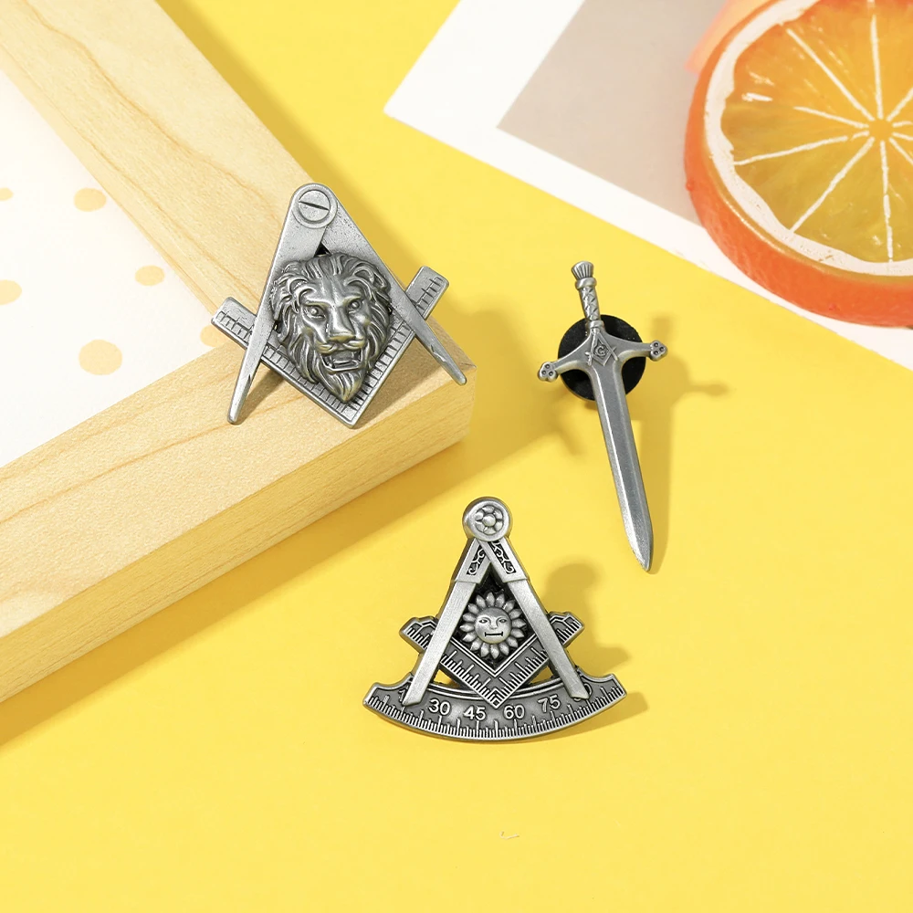 3 Styles Vintage Masonic Emblem Sword Shaped Brooches Sun Lion