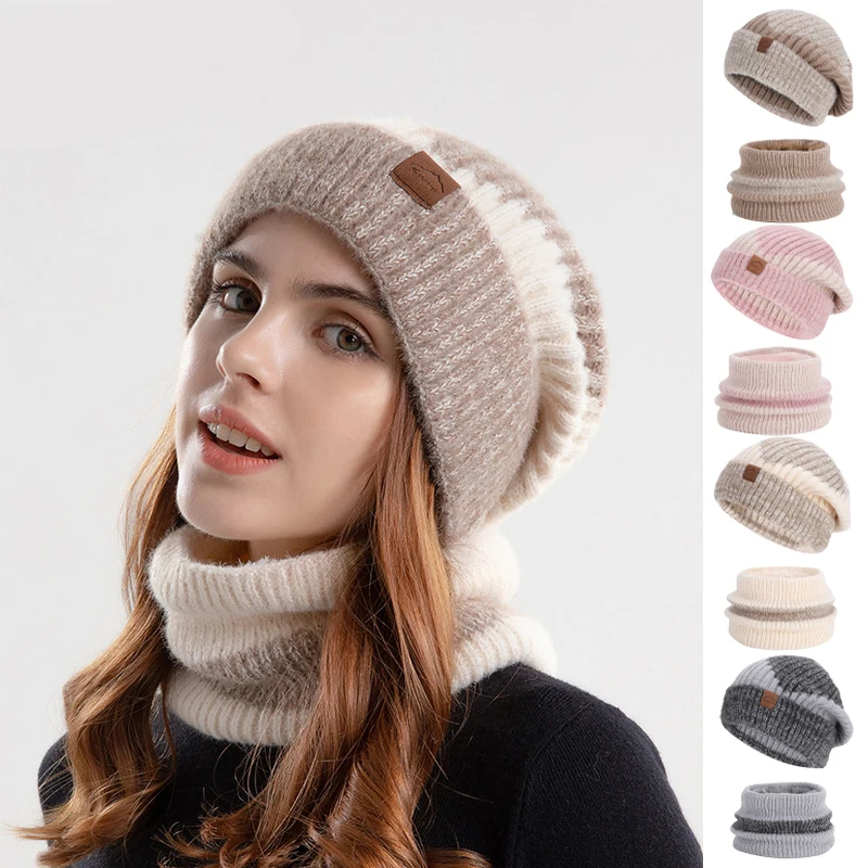 Gorro de lana cálido para mujer, bufanda gruesa y cálida de dos piezas con protección para los oídos, bufanda para esquiar al aire libre, gorro de punto de Angora, 2 uds.