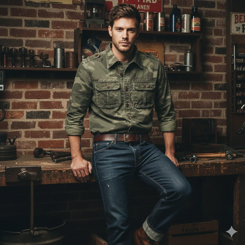 

Amekaji Retro Men's Casual Shirts Washed Cotton Camouflage Male Workwear Shacket Safari Style Outwear Lapel Long Sleeve Shirts