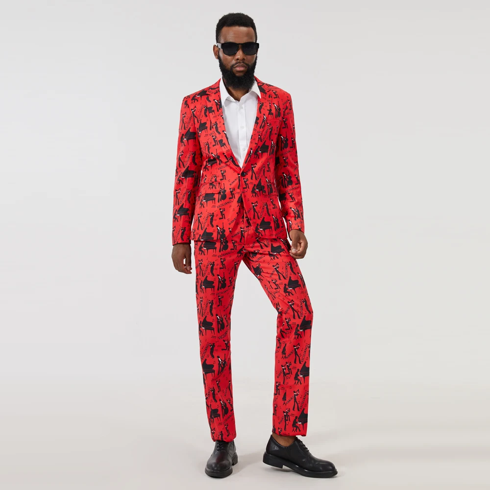 Men\'s New Fashion Red Piano Printed Blazer Suits(Jacket+ Pants) Business Male Slim Fit Casual Suit of 2PCS Groom\'s Wedding Dress