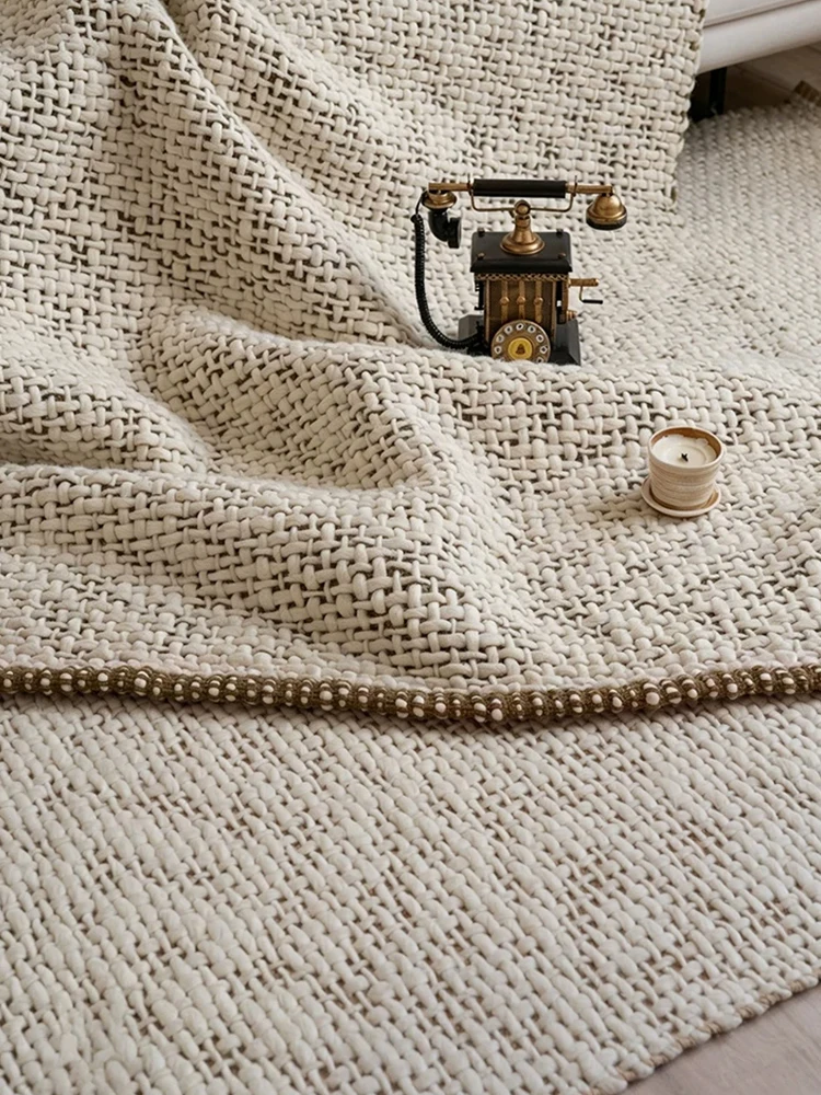 India Hand Woven Wool Carpet for Living Room Area Rug Beige Plain Color Simple Home Large Floor Rug Decor Soft High-end Bedroom