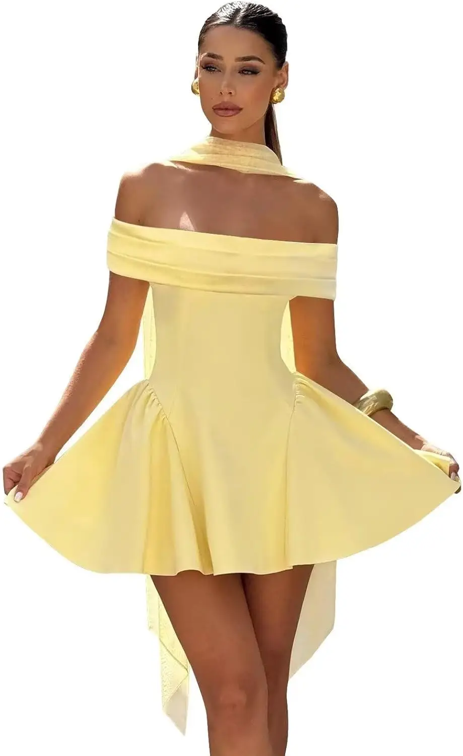 

Платья для встречи выпускников без бретелек для подростков 2025, атласное короткое коктейльное платье с открытыми плечами и шарфом выше колена, мини