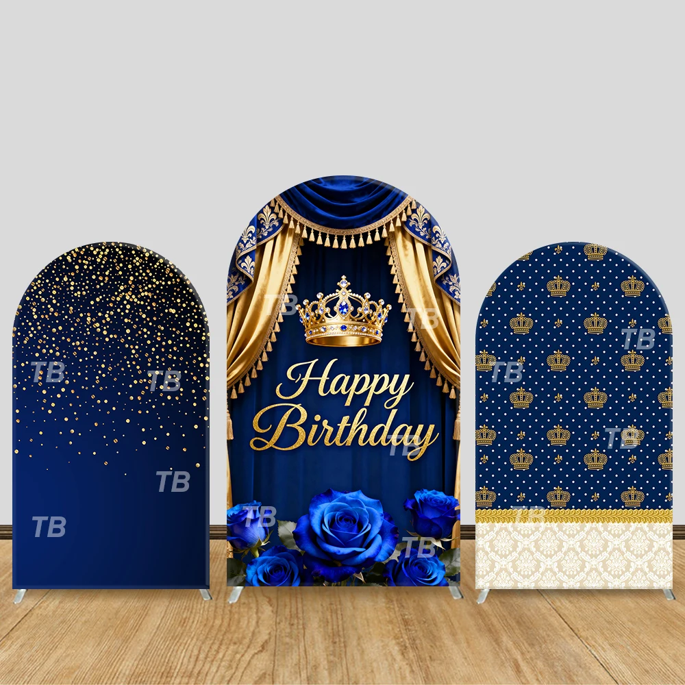 

Blue & Gold Crown Happy Birthday Arch Backdrop Cover Luxury Theme Party Decor Photo Booth Background Celebration Supplies